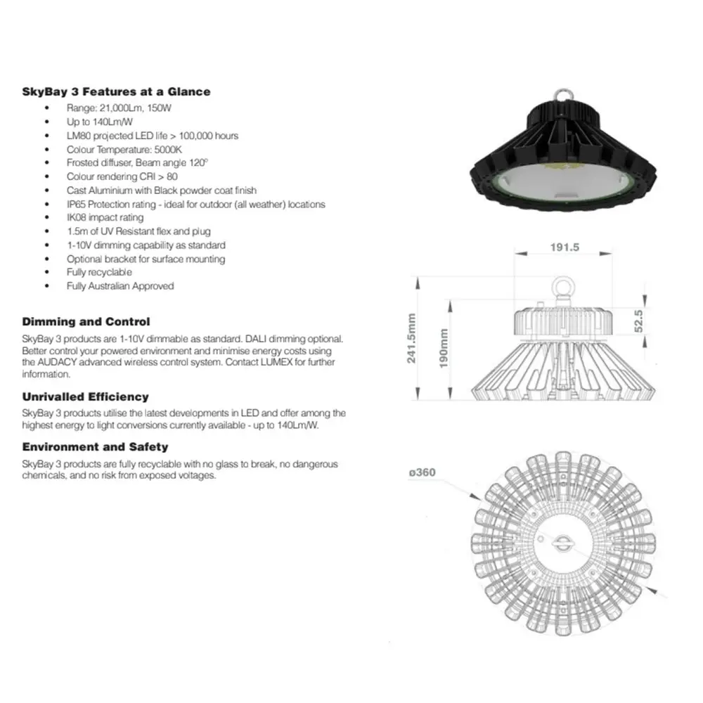 Lumex Highbay SkyBay 3 LED Hanging Ceiling Light w/Dimming 150W/5000K Black