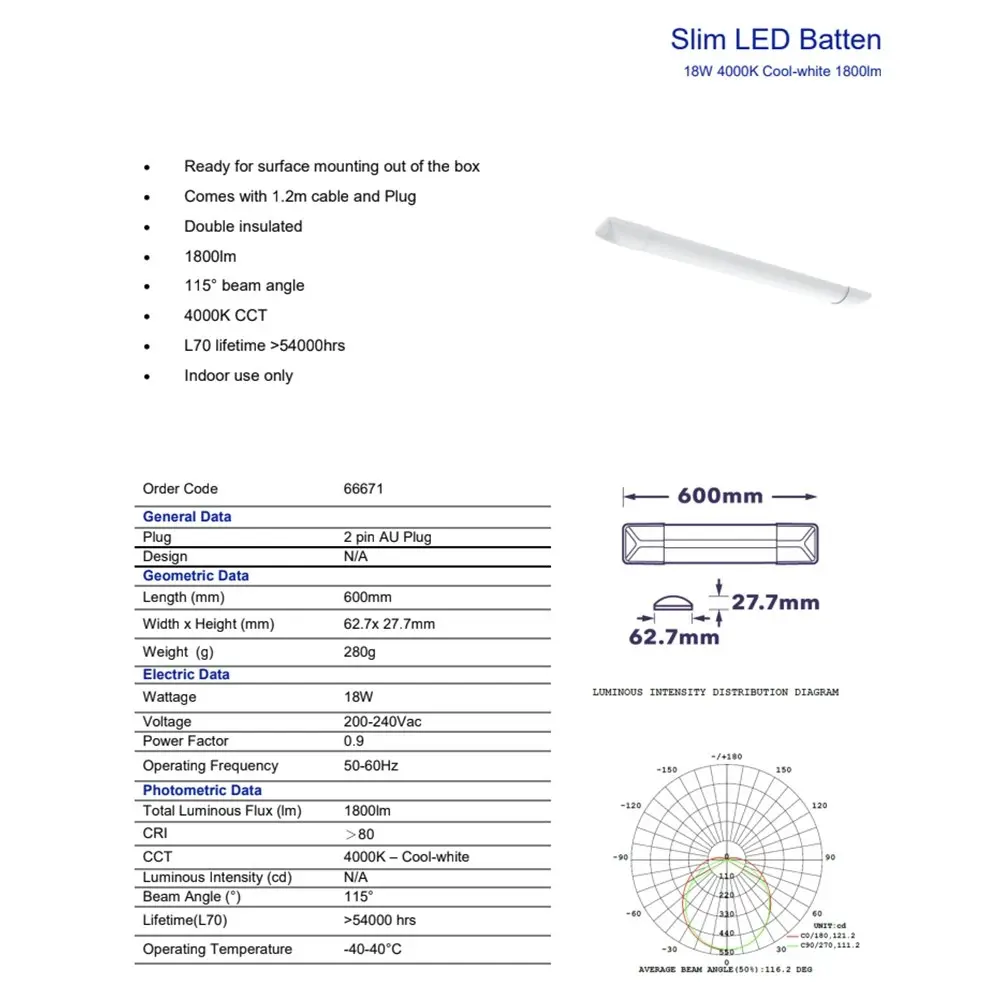 Verbatim Slim Batten/Fixture w/ LED Light Strip Indoor 18W/4000K 600mm