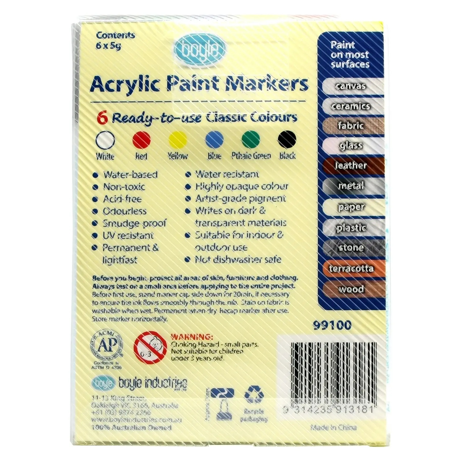 3x 6pc Boyle Acrylic Paint Markers Stone/Ceramic Water-Resistant Pens Classic