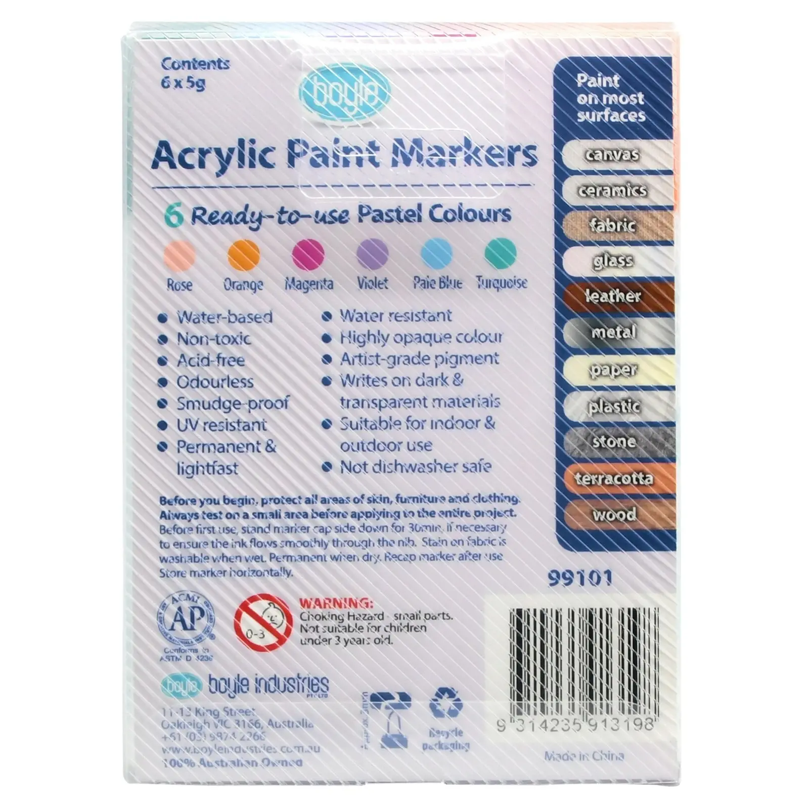 3x 6pc Boyle Acrylic Paint Markers Stone/Ceramic Water-Resistant Pens Pastel