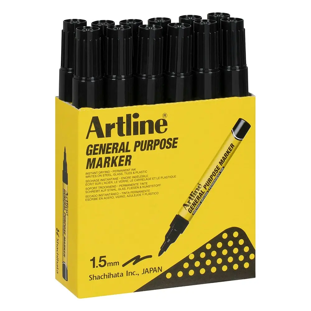 12PK Artline General Purpose Permanent Marker 1.5mm Bullet Nib - Black