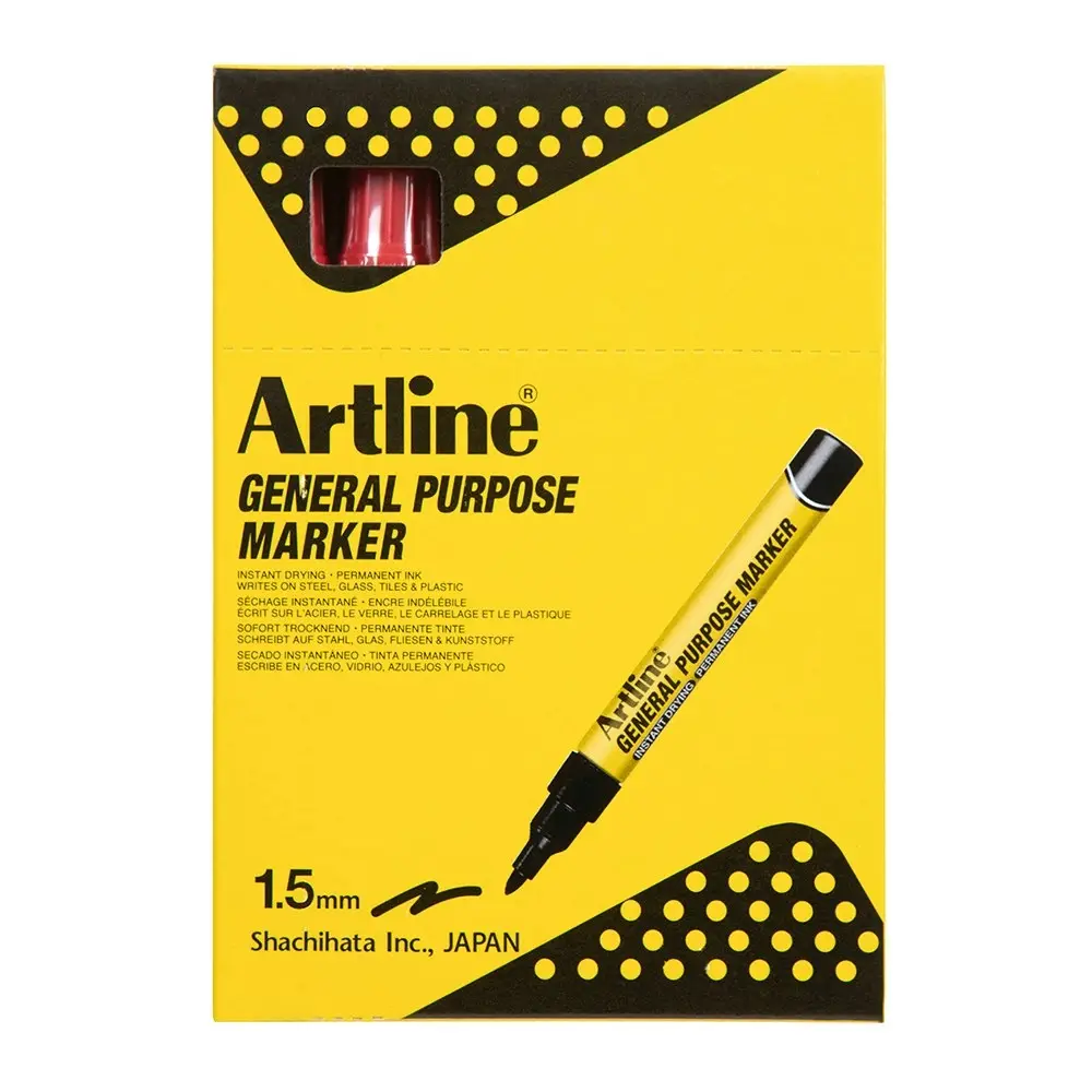 12PK Artline General Purpose Permanent Marker 1.5mm Bullet Nib - Red