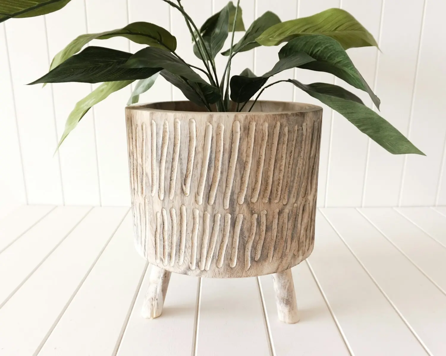 Rayell Timber Wood Round Flower Pot/Planter Tokoriki Whitewash Large 27x30cm