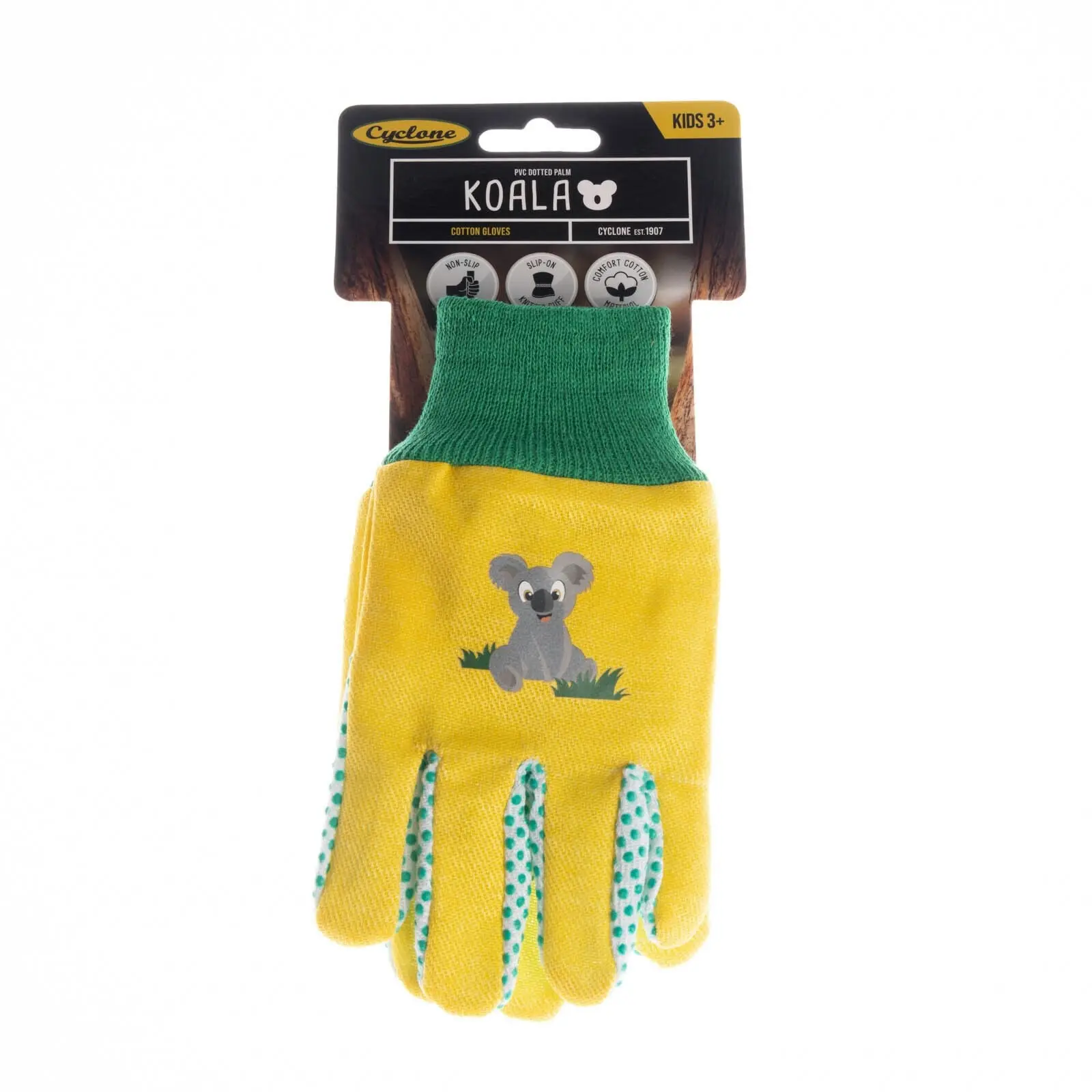 3x Cyclone Kids/Childrens Cotton Gardening Gloves Koala Planting 3y+ Yellow