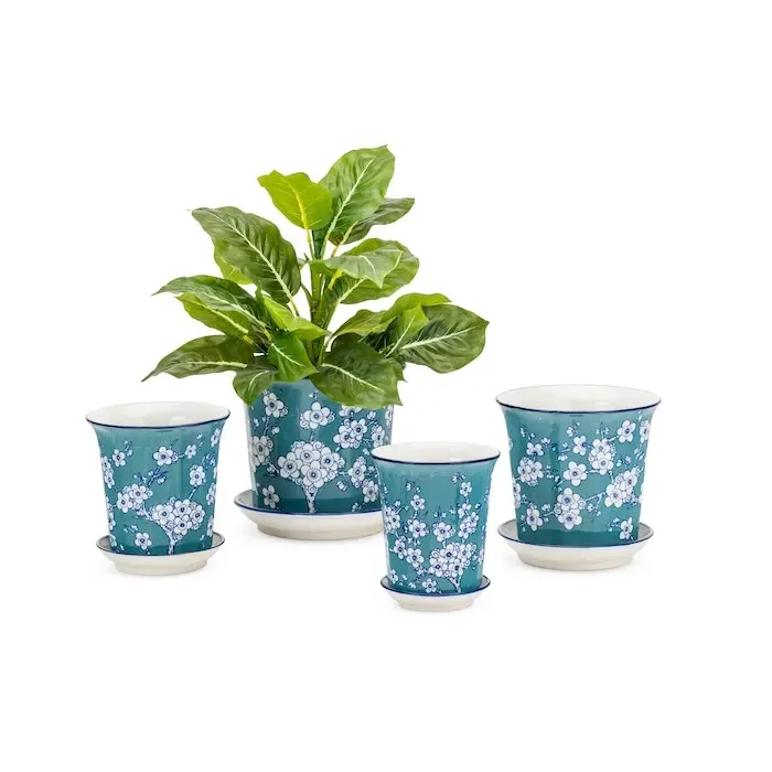 4pc Fluted Pot Planter w/ Saucer Set Plant Container Garden Decor Jade/White