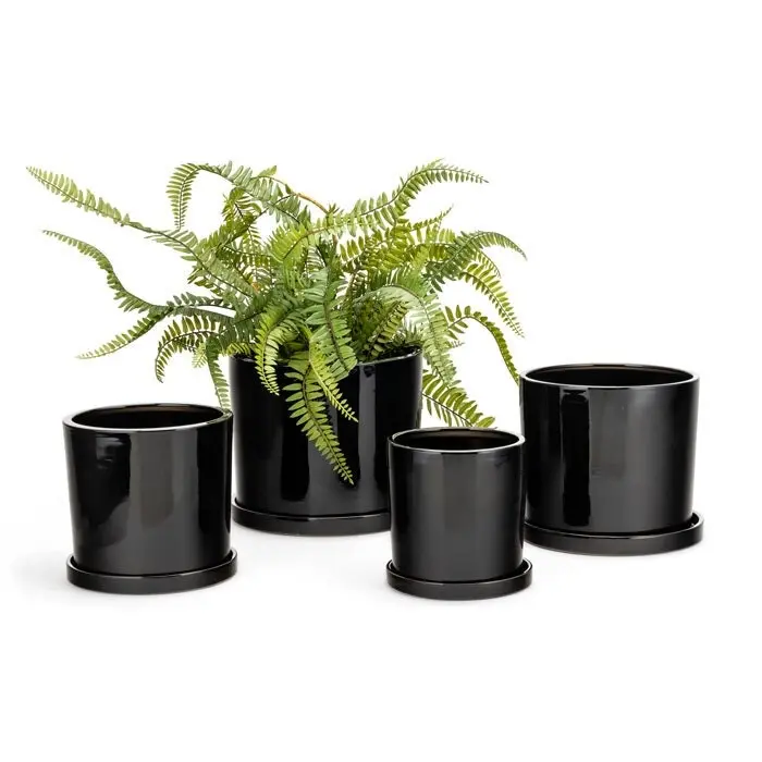 4pc Cylindrical Pot Planter Storage Container w/ Saucer Set Garden Decor Black