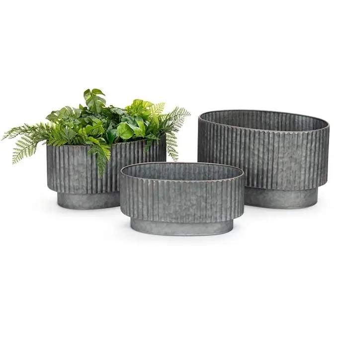 3pc Pot Oblong Ribbed Outdoor Vase/Planter Yard/Patio Home Garden Decor Charcoal