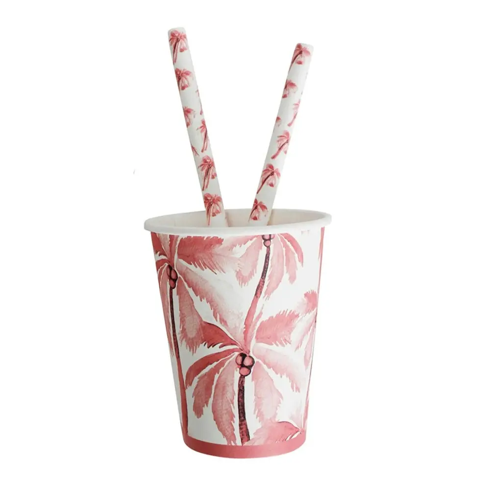 80pc Disposable 20cm Paper Drink Straw Birthday/Party Drinkware Palm Trees Pink