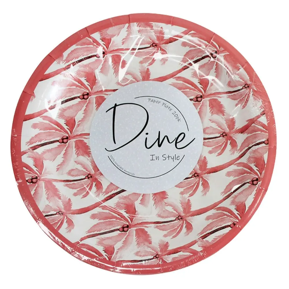 60pc Disposable 22cm Paper Plate Dinner Party Tableware Palm Trees Pink Large