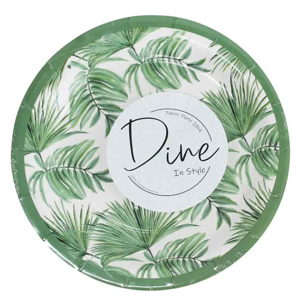 60pc Disposable 22cm Paper Plate Dinner Party Tableware Tropics Large Green