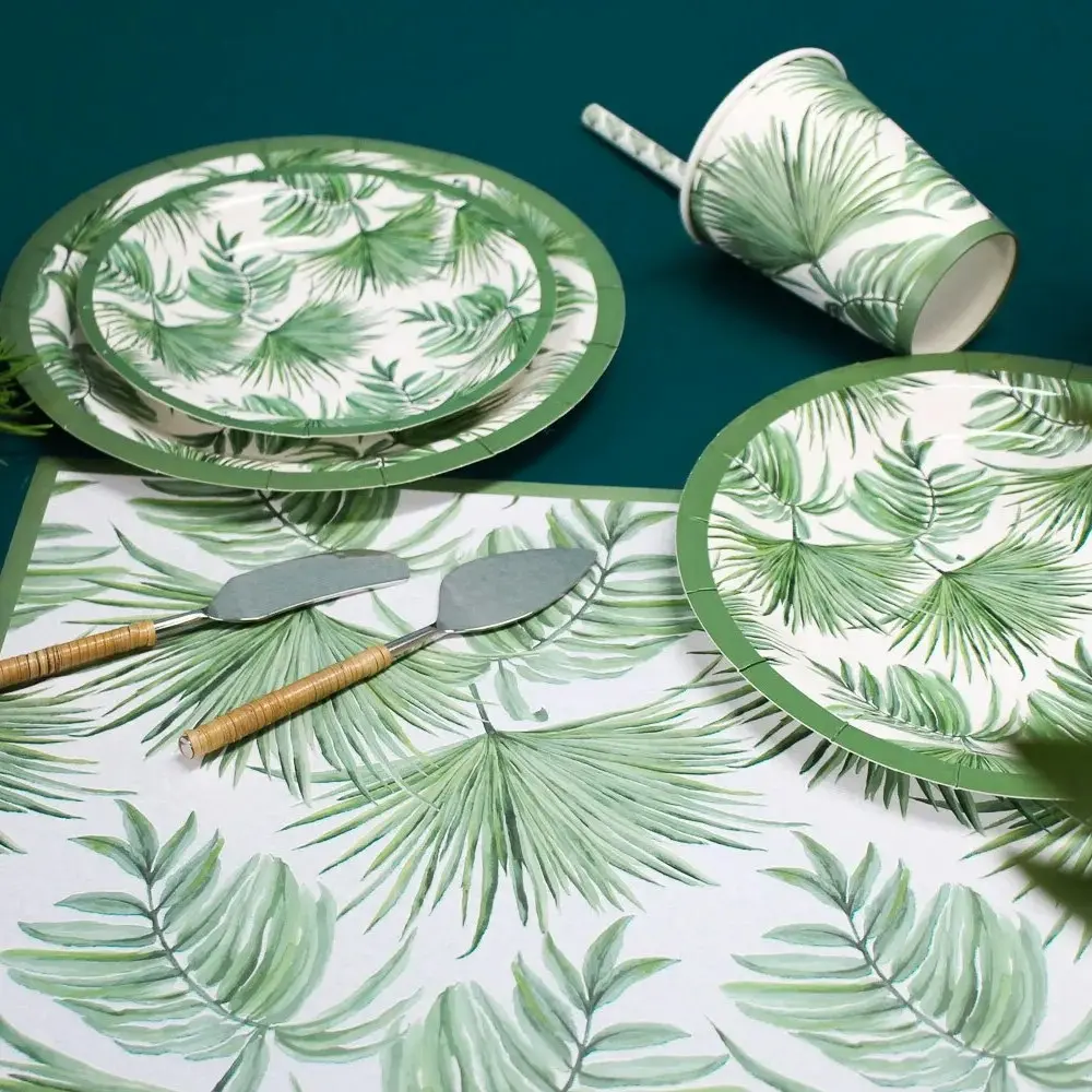 60pc Disposable 22cm Paper Plate Dinner Party Tableware Tropics Large Green