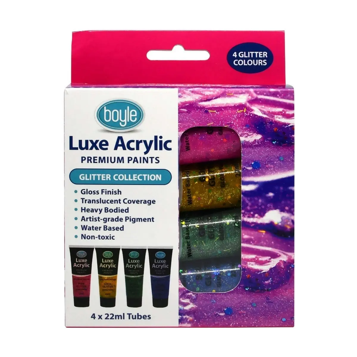 2x 4PK Luxe Acrylic Water-Based 22ml Premium Gloss Paint Tube Non-Toxic Glitter