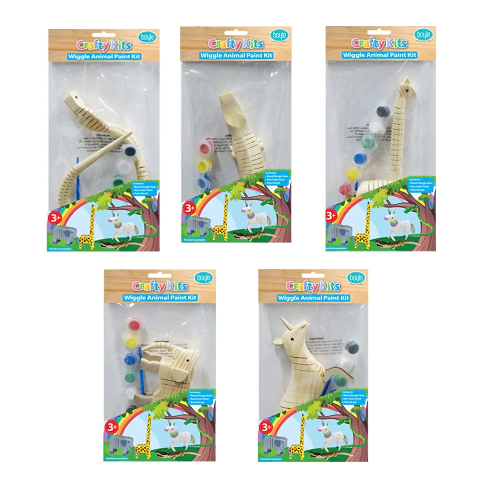 5x Crafty Kits Wooden Wiggle Animal Art/Craft Non-Toxic Paint Activity Kit Asstd