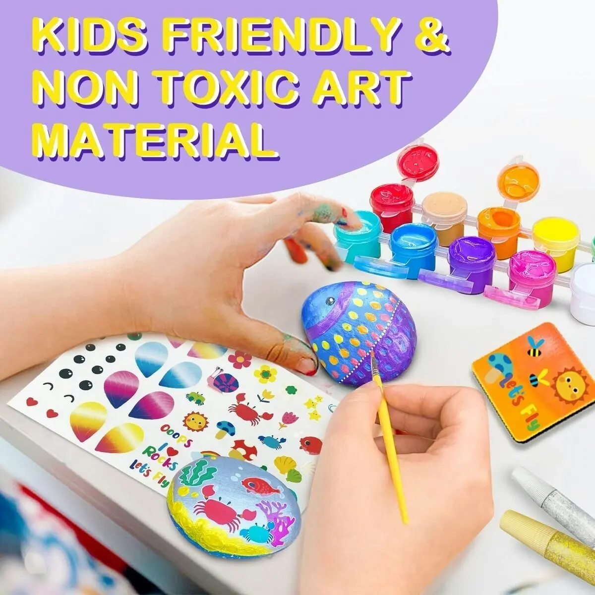 Jarmelo Rock Painting Kids Colouring Craft Kit Metallic Paints/Glitter Glue 3+