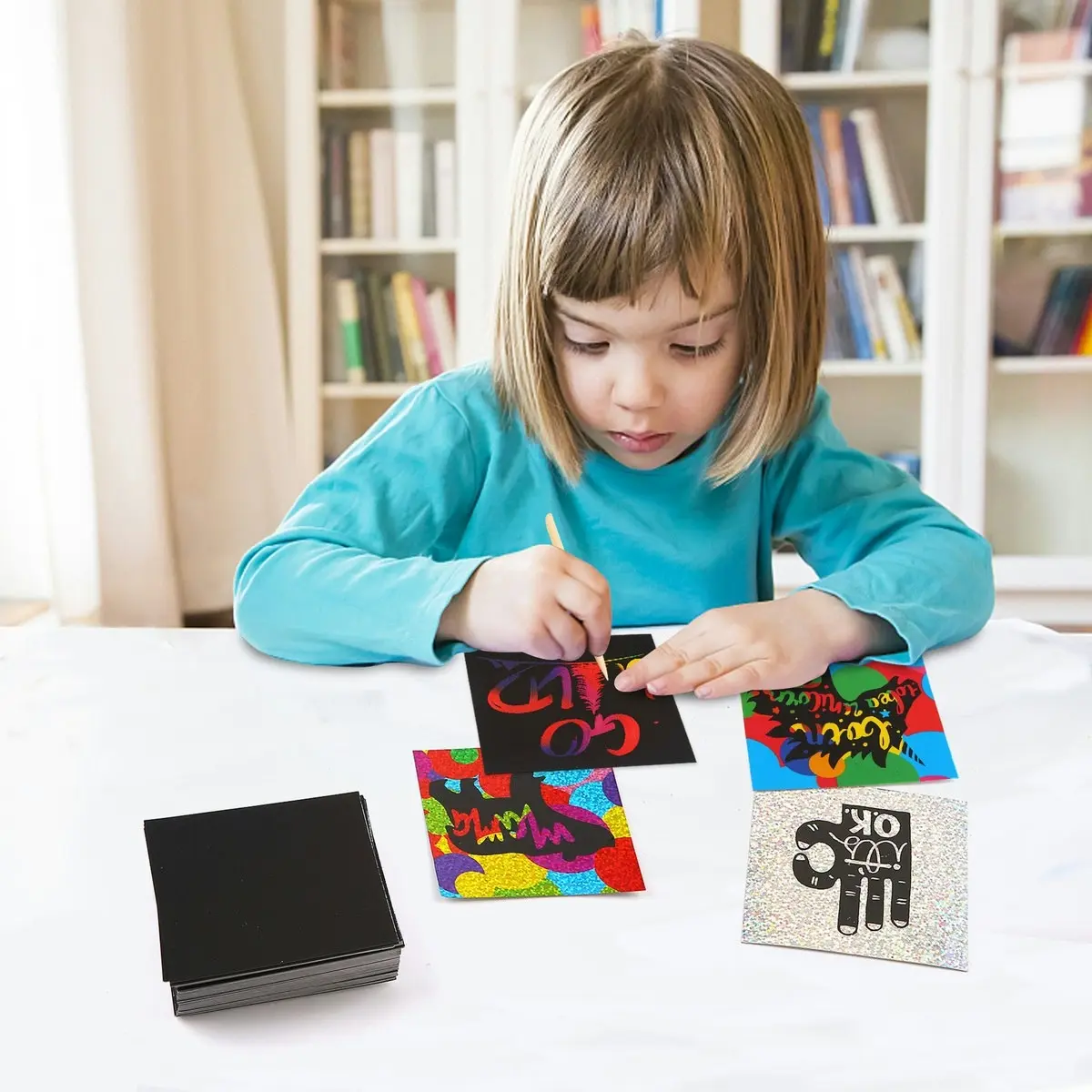 Jarmelo Scratching Draw Rainbow Card Kids Play Set Glittery Notes w/Stylus 3+