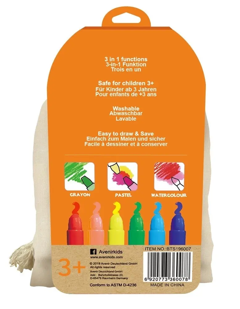 6pc Avenir Fox Silky Colouring Crayons Washable Art/Craft w/ Canvas Bag Kids 3y+