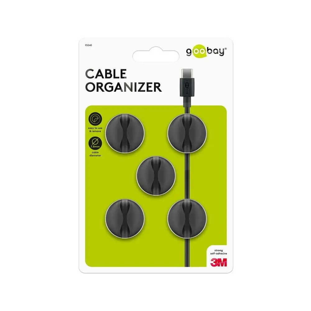 15x Goobay 1 Slot 1.88cm Adhesive Cable Organiser Round Cord/Wire Holder Black