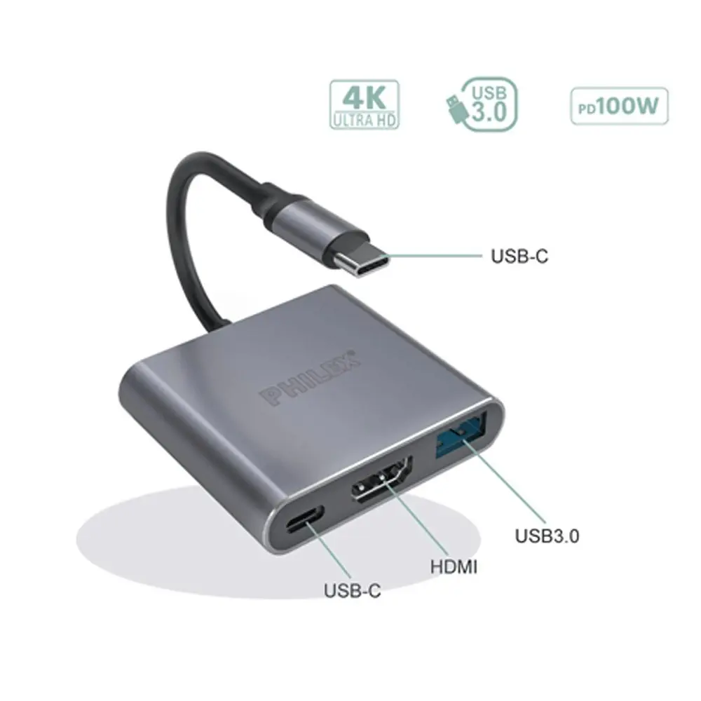 Philex 3-in-1 PC USB-C Male To USB-C/HDMI Female Hub w/USB 3.0 Adapter/Dongle