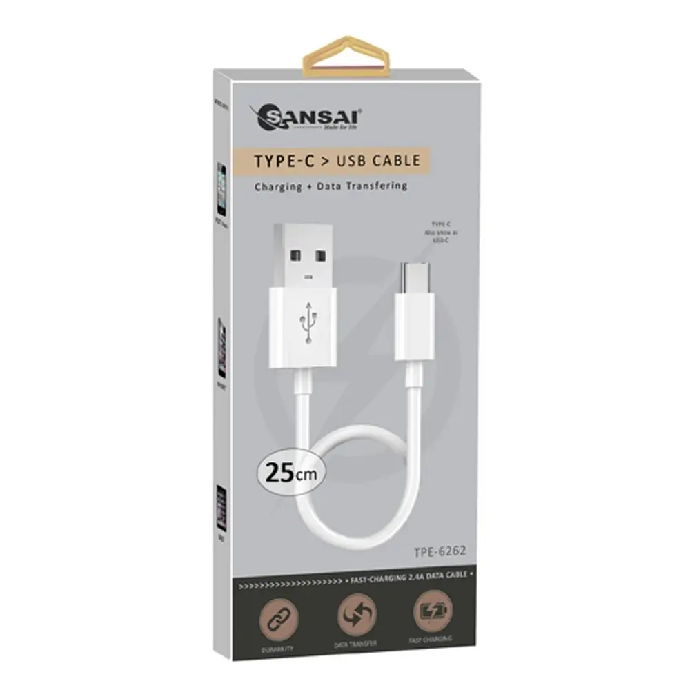 2x Sansai Type-C To USB-A Male Mobile/Phone Charging Data Sync Cable 25cm White