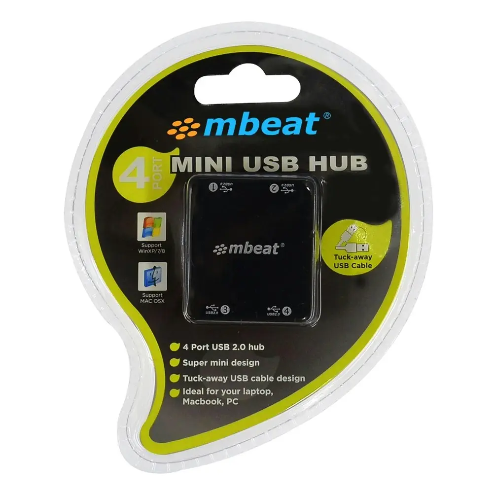 mBeat Portable Super Mini 4 Port USB 2.0 Hub w/Tuck-Away Cable Design For PC/Mac