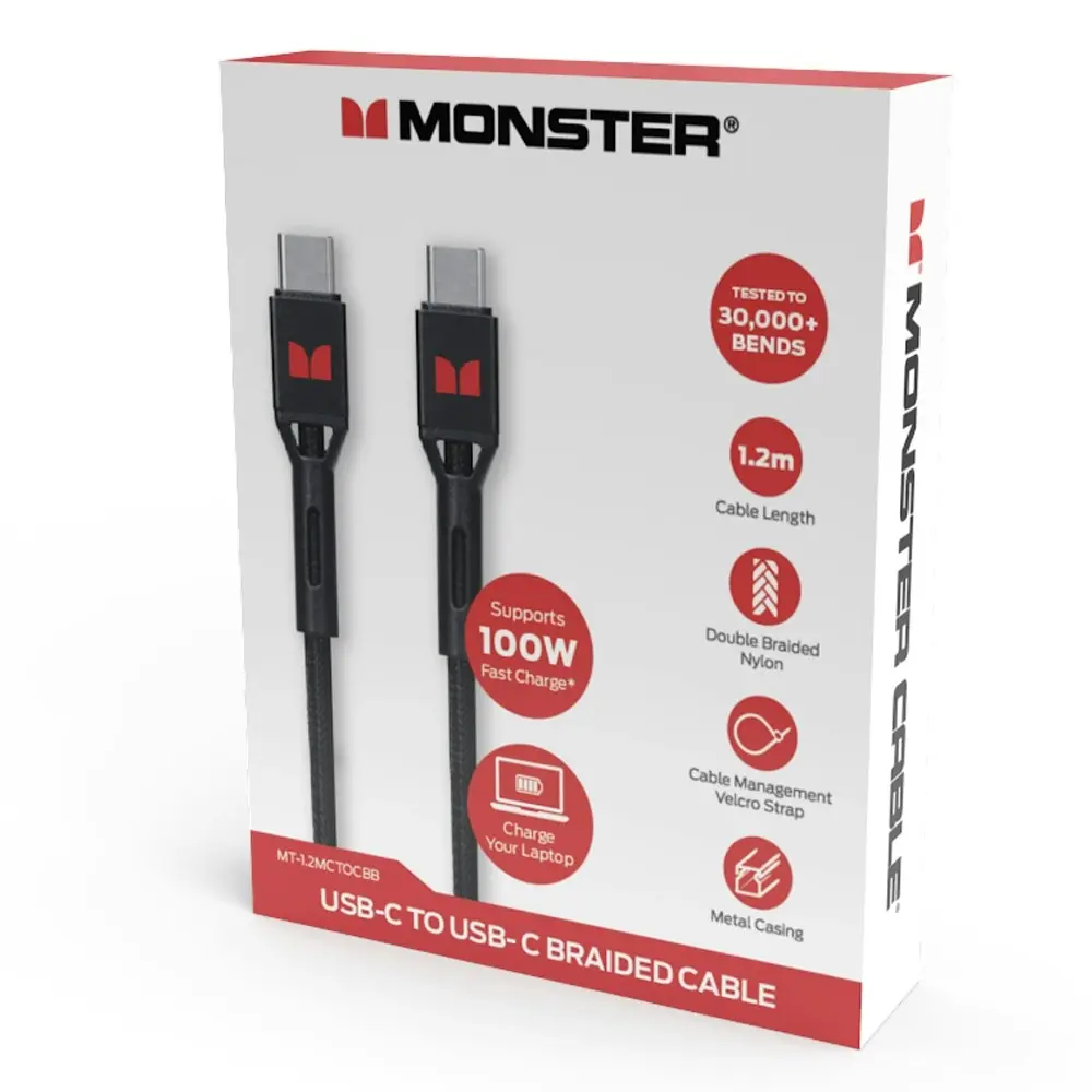 Monster Braided Tough 1.2M USB-C to USB-C Charging/Sync Phone Power Cable Black