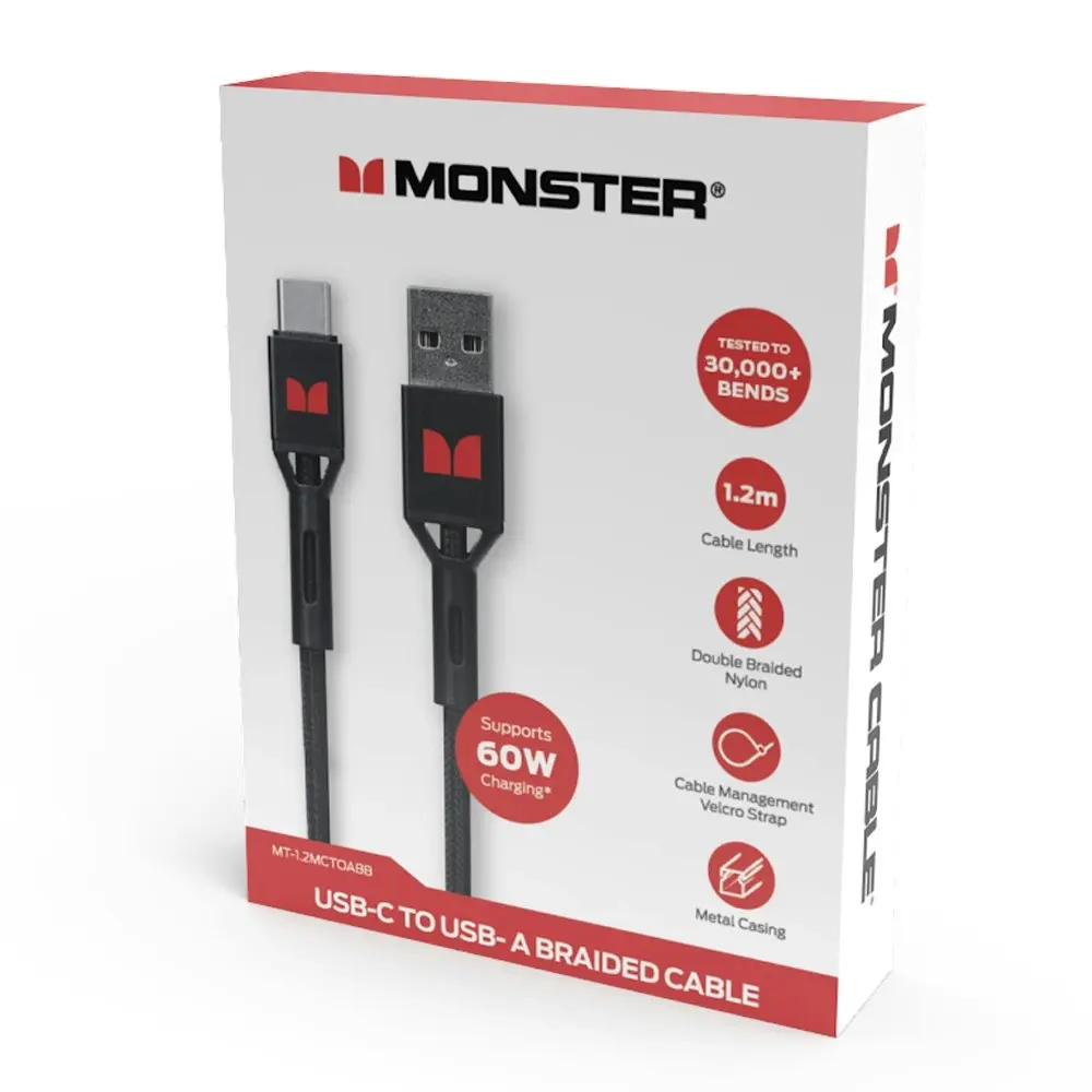 Monster Braided 1.2M USB-C to USB-A Phone Charging/Sync Power/Data Cable Black