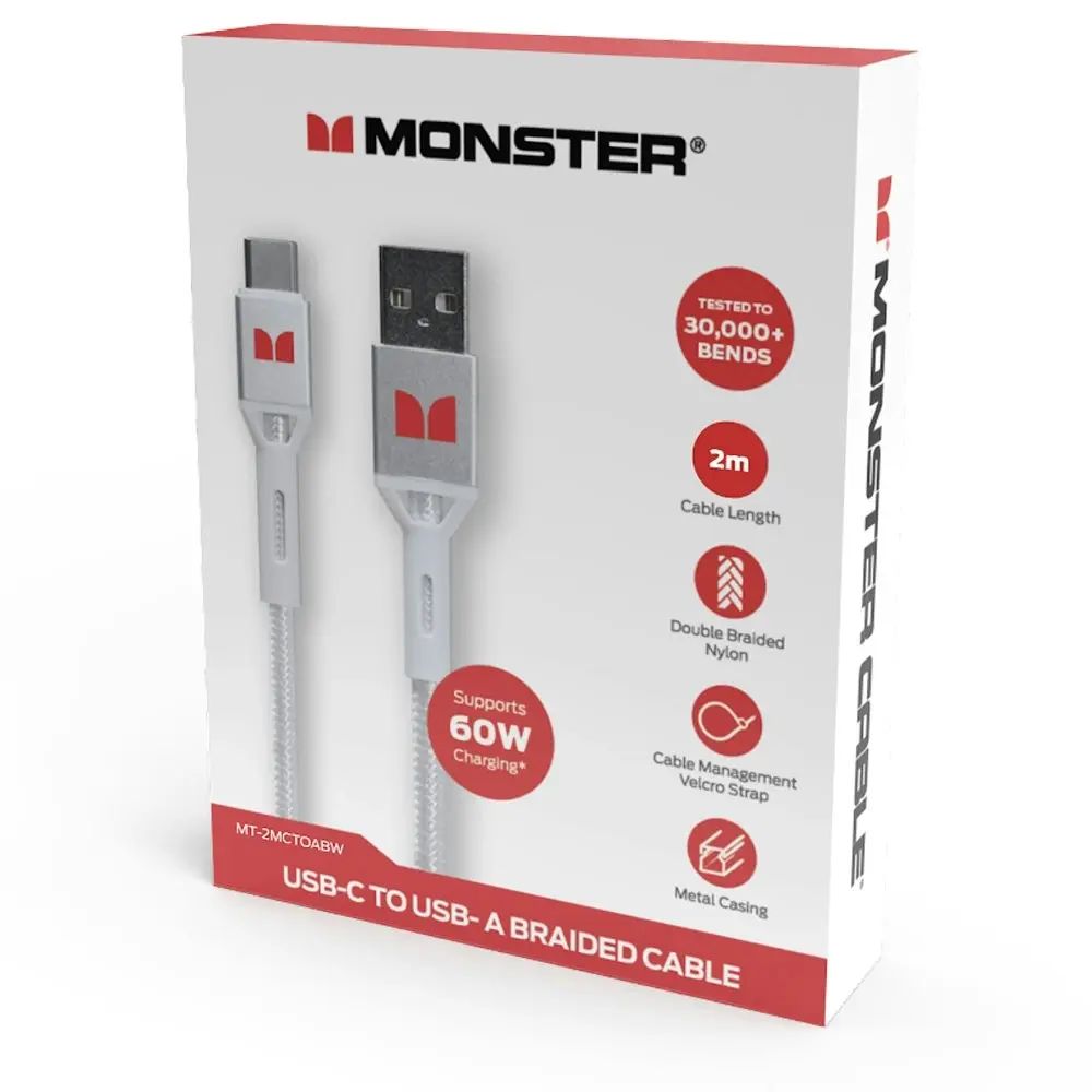 Monster Braided 2M USB-C to USB-A Phone Charging/Sync Power/Data Cable White