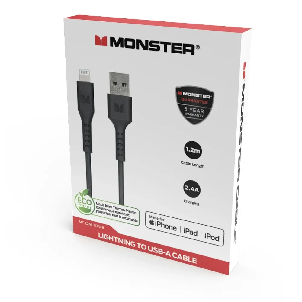 Monster 1.2M MFI-Certified Lightning to USB-A Charging/Sync Cable For iPhone BLK