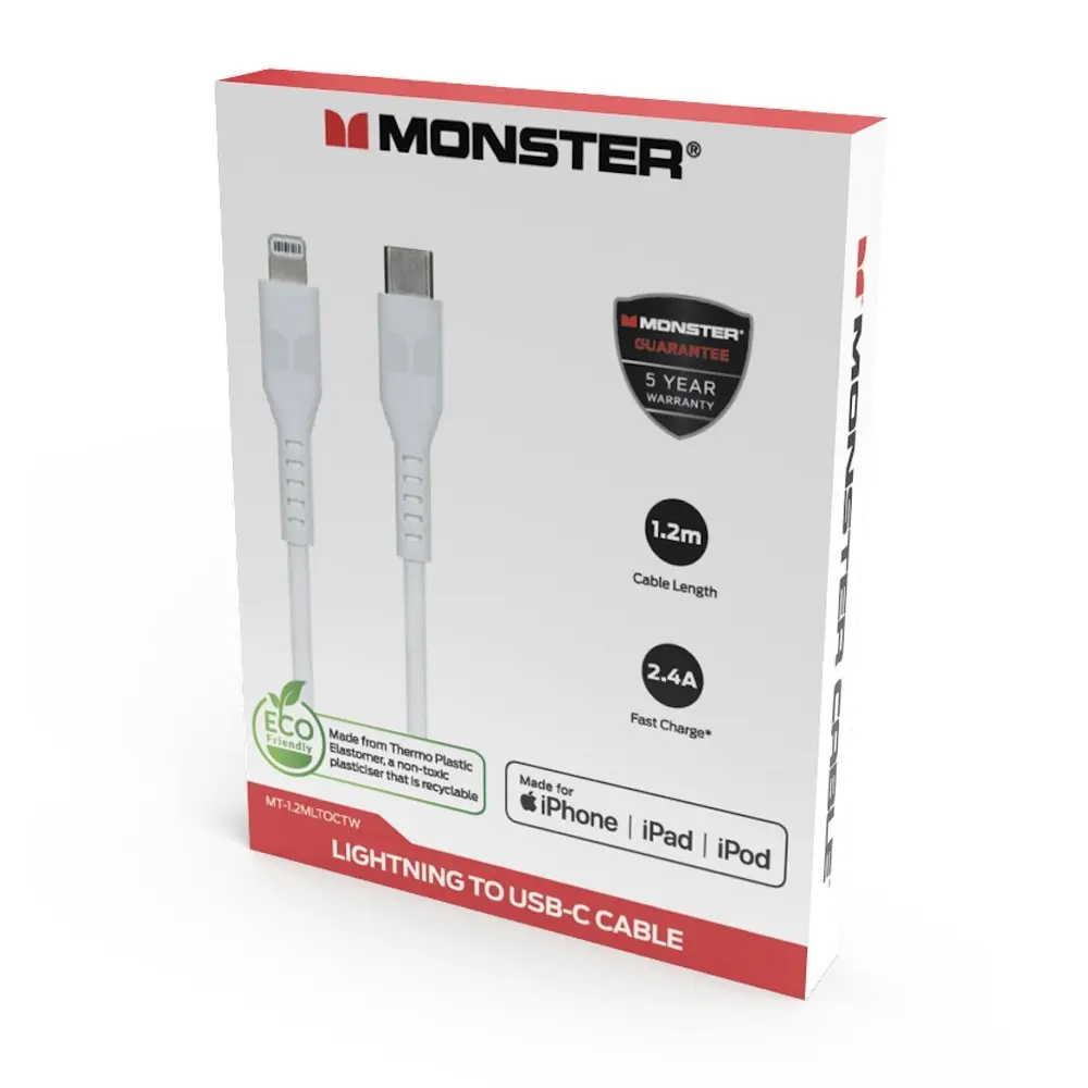 Monster 1.2M MFI-Certified Lightning to USB-C Charging/Sync Cable For iPhone WHT