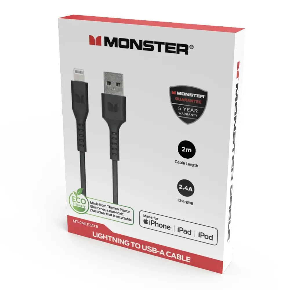 Monster 2M MFI-Certified Lightning to USB-A Charging/Sync Cable For iPhone BLK