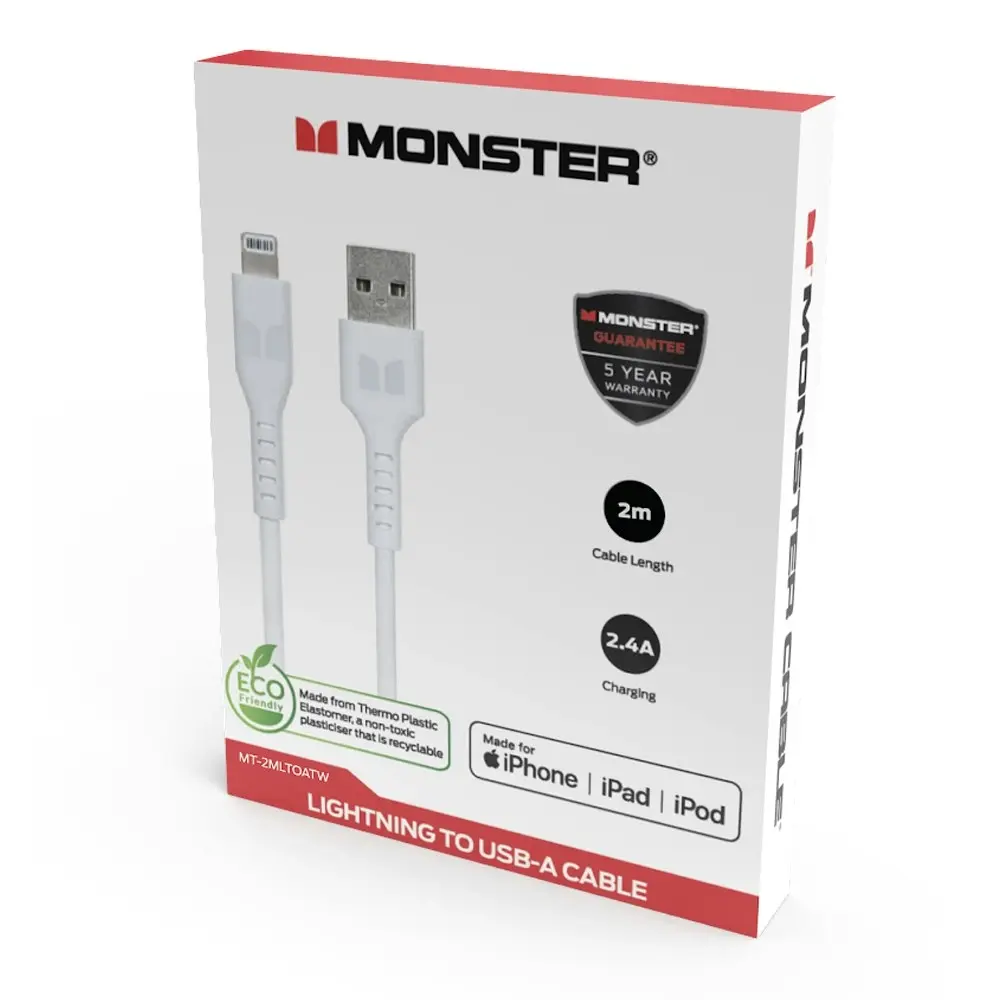 Monster 2M MFI-Certified Lightning to USB-A Charging/Sync Cable For iPhone WHT