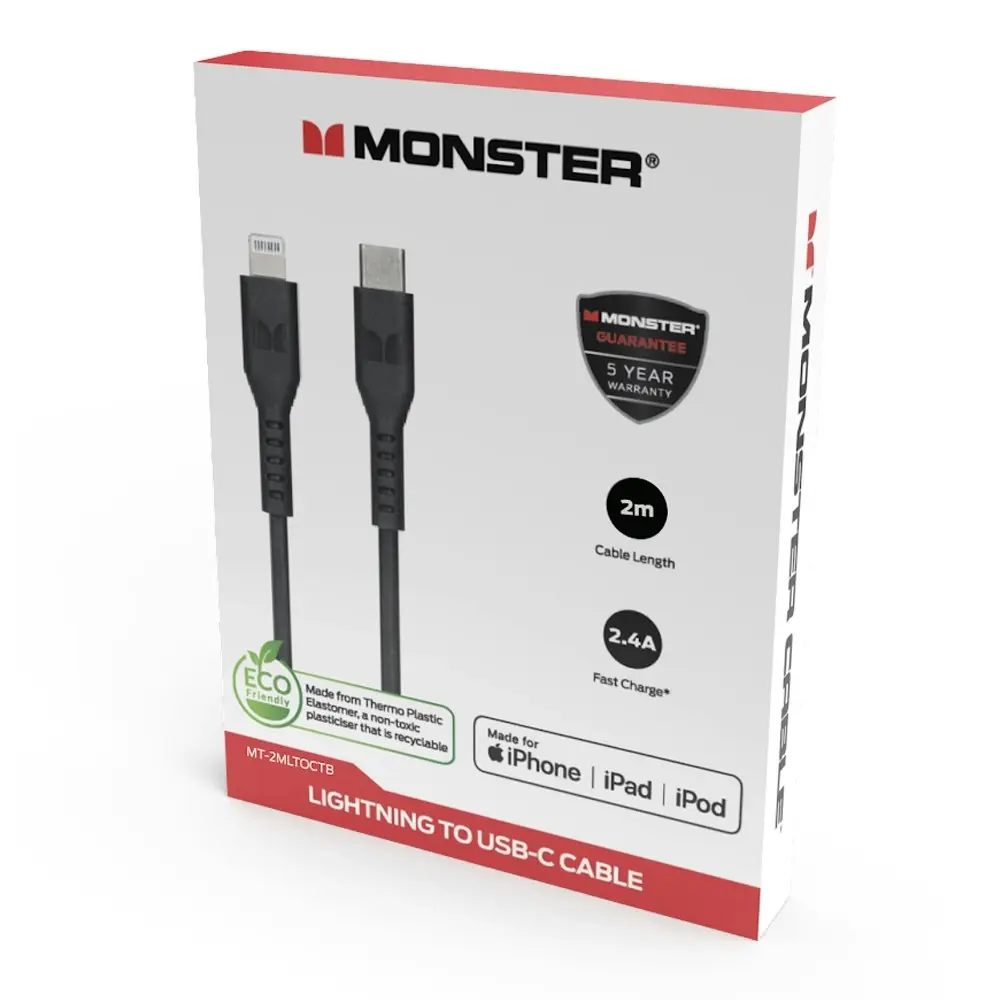 Monster 2M MFI-Certified Lightning to USB-C Charging/Sync Cable For iPhone BLK