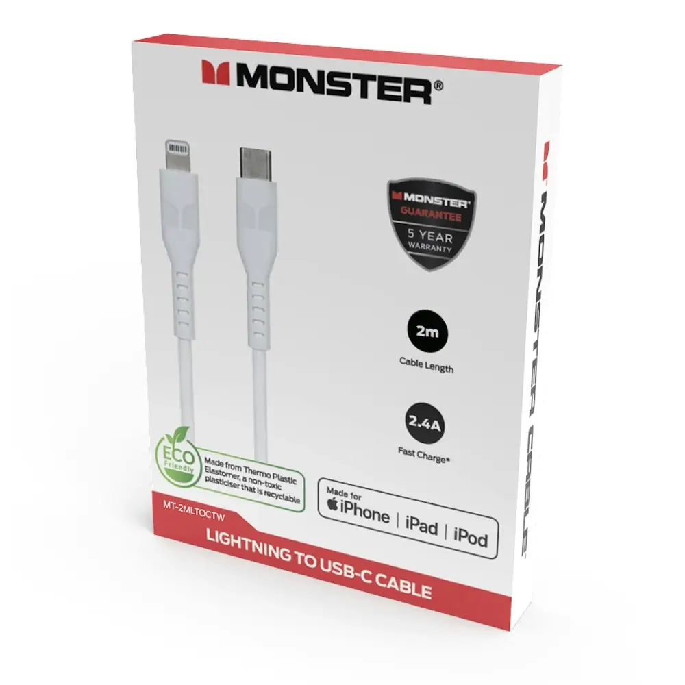 Monster 2M MFI-Certified Lightning to USB-C Charging/Sync Cable For iPhone WHT