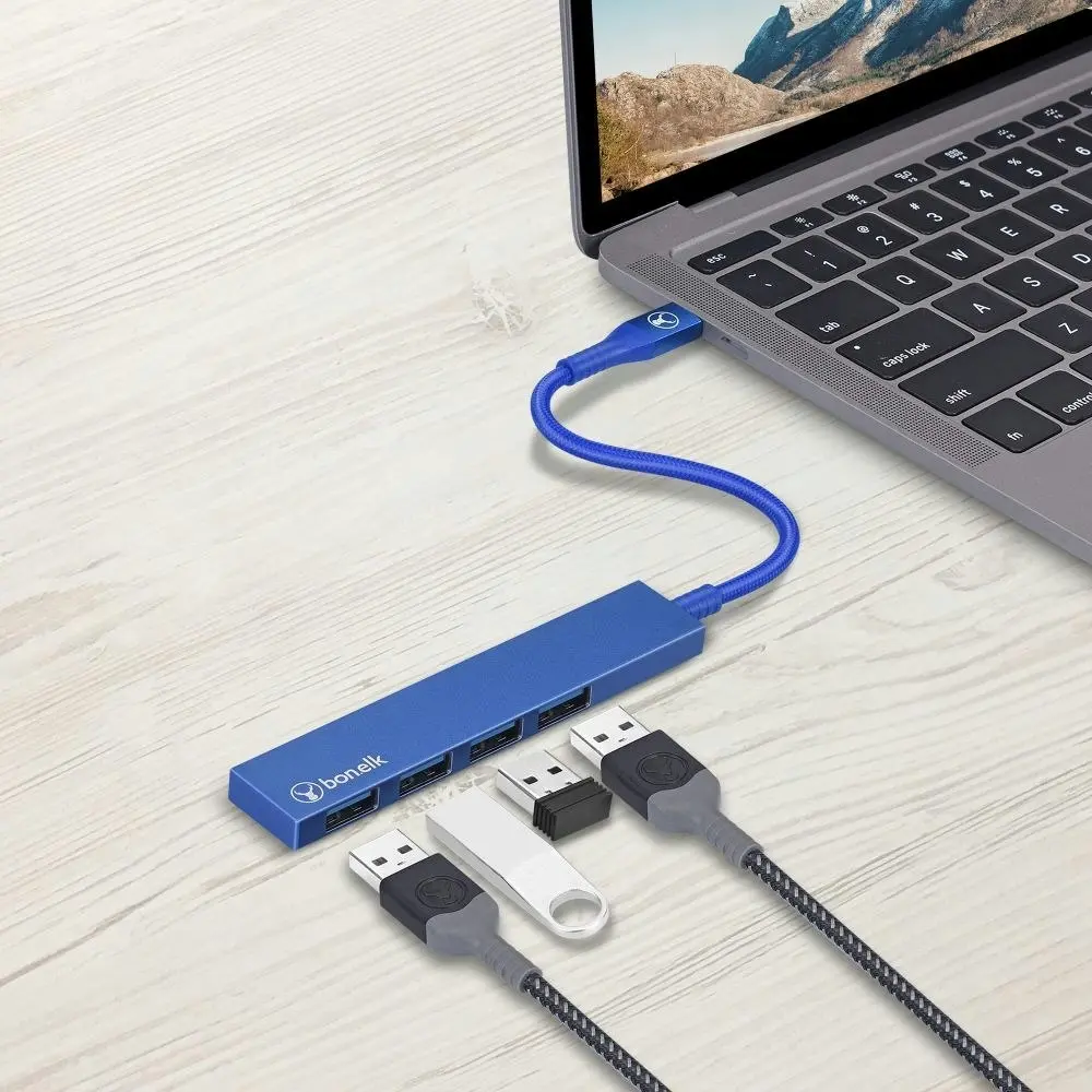 Bonelk Long-Life USB-C to 4-Port USB 3.0 Slim Hub Port 5Gbps For Laptop/PC Blue