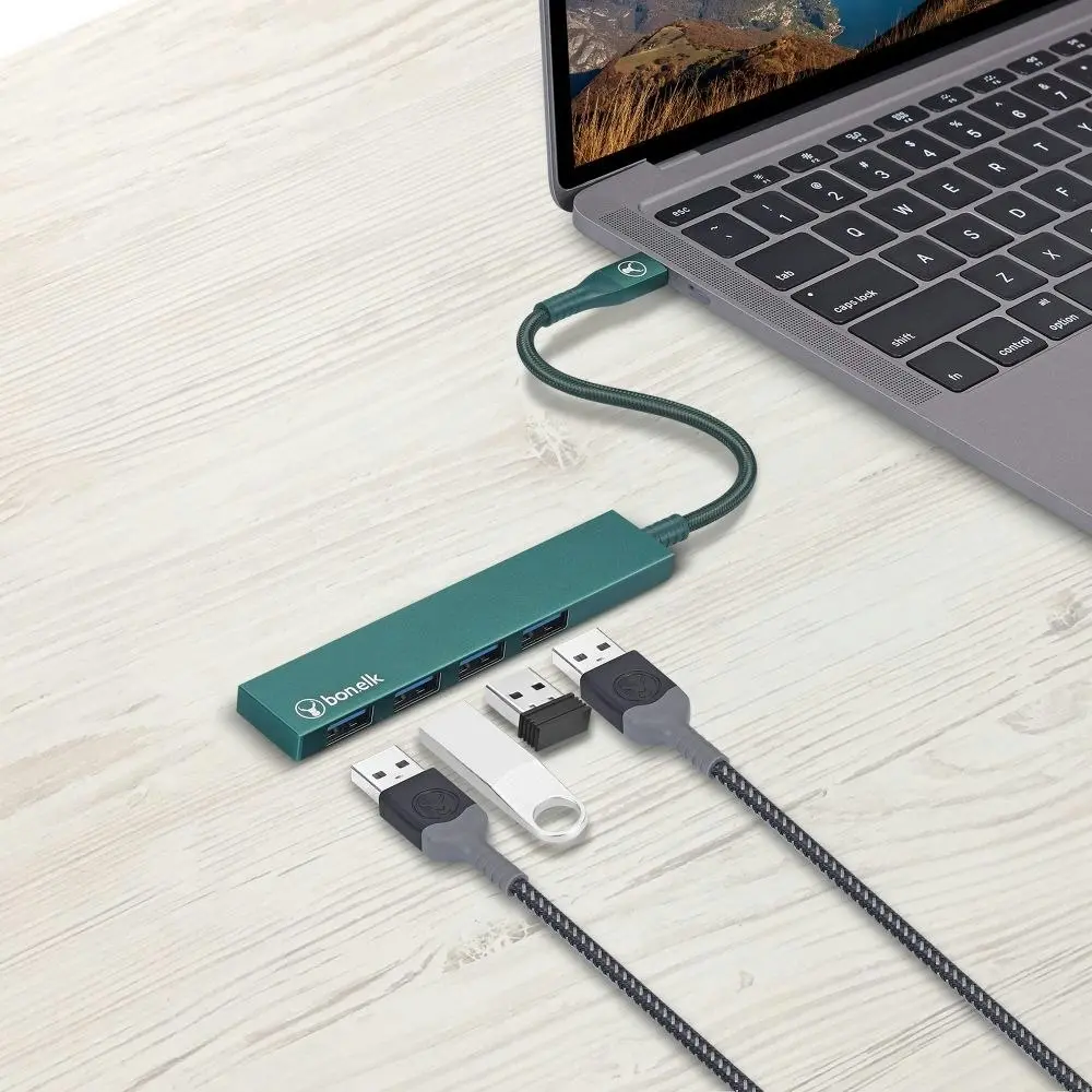 Bonelk Long-Life USB-C to 4-Port USB 3.0 Slim Hub Port 5Gbps For Laptop/PC Green