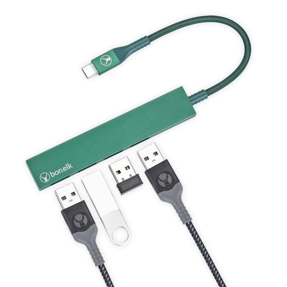 Bonelk Long-Life USB-C to 4-Port USB 3.0 Slim Hub Port 5Gbps For Laptop/PC Green