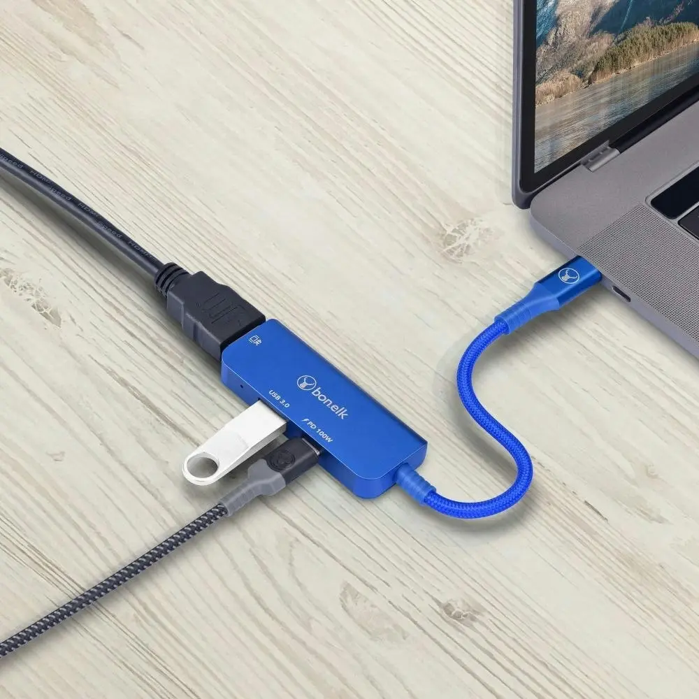 Bonelk Long-Life 3in1 USB-C M to F HDMI/USB MultiPort Hub For PC/Laptop Blue