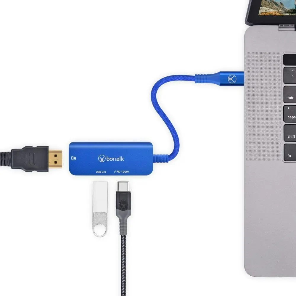 Bonelk Long-Life 3in1 USB-C M to F HDMI/USB MultiPort Hub For PC/Laptop Blue