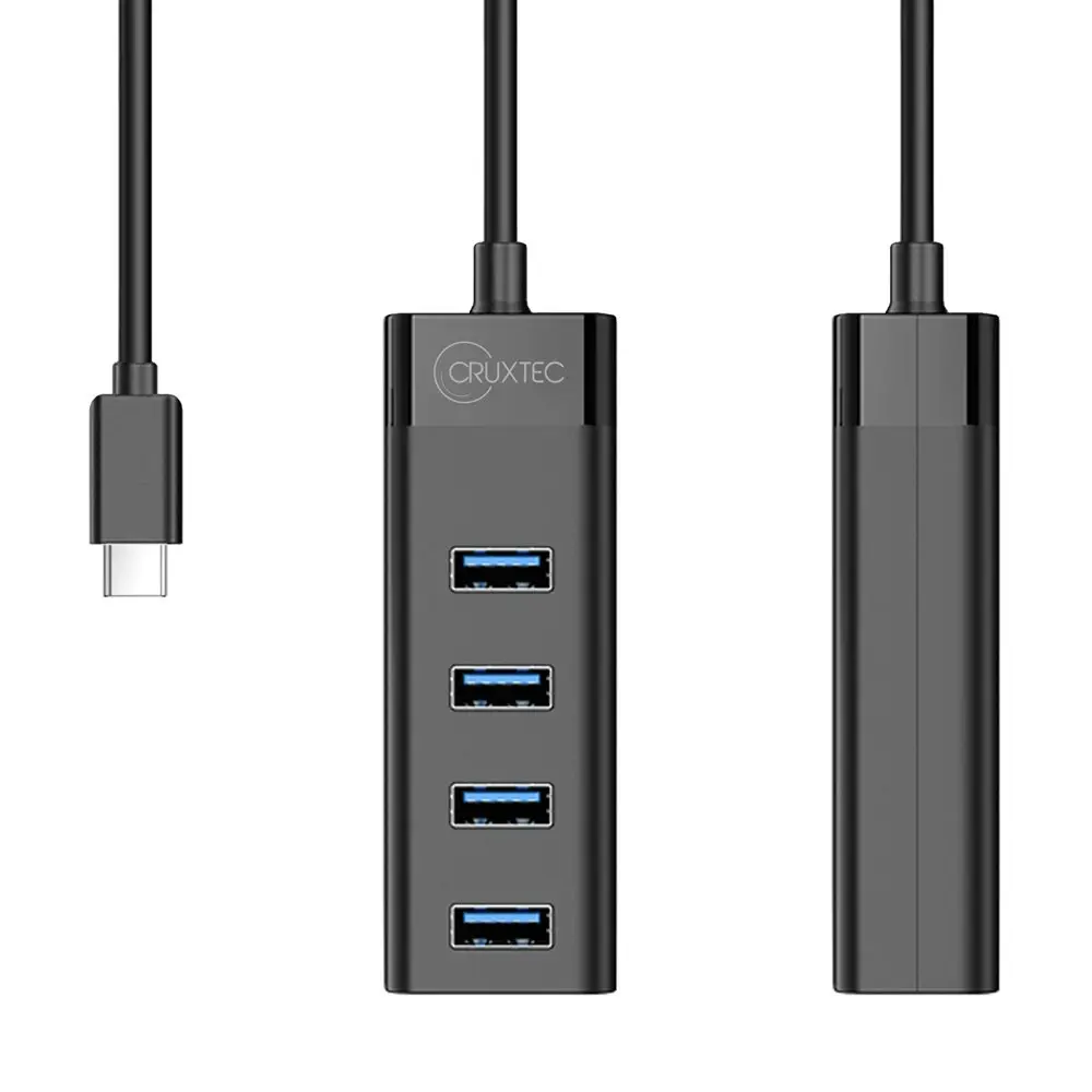 Cruxtec CU3-H4-BK 4 Port High Speed USB-C 3.0 Hub 5V Flexible 15cm Cable Black