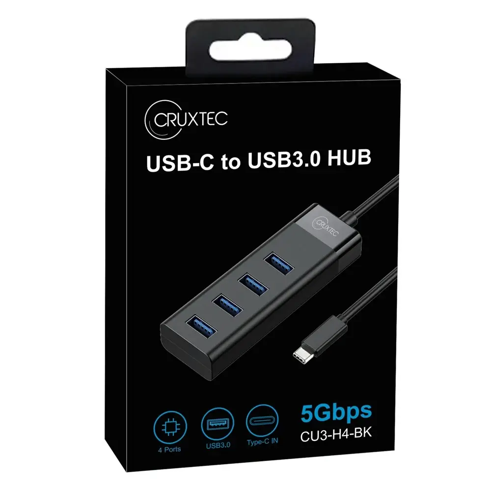 Cruxtec CU3-H4-BK 4 Port High Speed USB-C 3.0 Hub 5V Flexible 15cm Cable Black