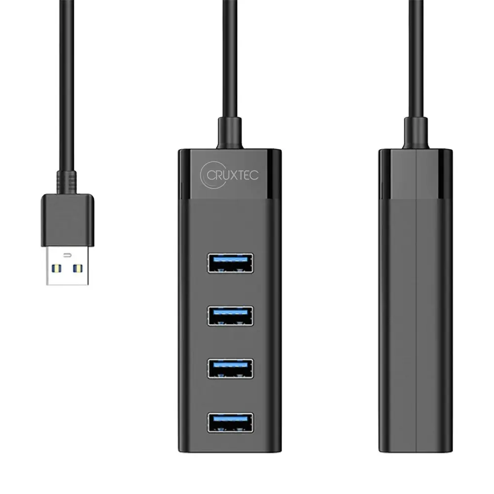 Cruxtec UU3-H4-BK 4 Port High Speed USB-A 3.0 Hub 5V Flexible 15cm Cable Black