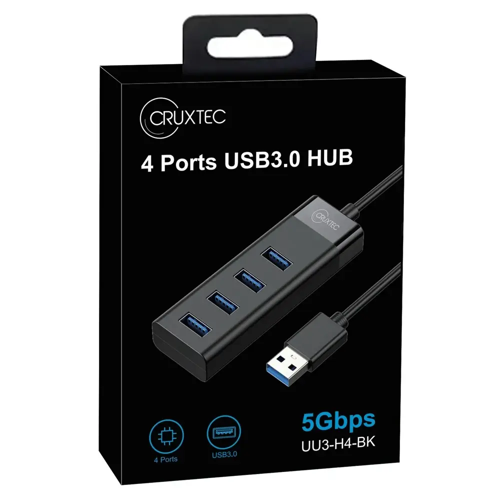 Cruxtec UU3-H4-BK 4 Port High Speed USB-A 3.0 Hub 5V Flexible 15cm Cable Black