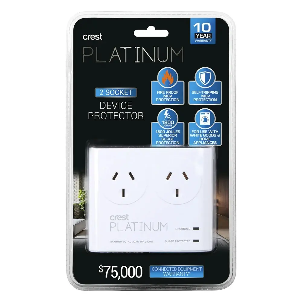 Crest Platinum 2-Socket 2400W Surge/Device Protector AU/NZ Adapter Plug White