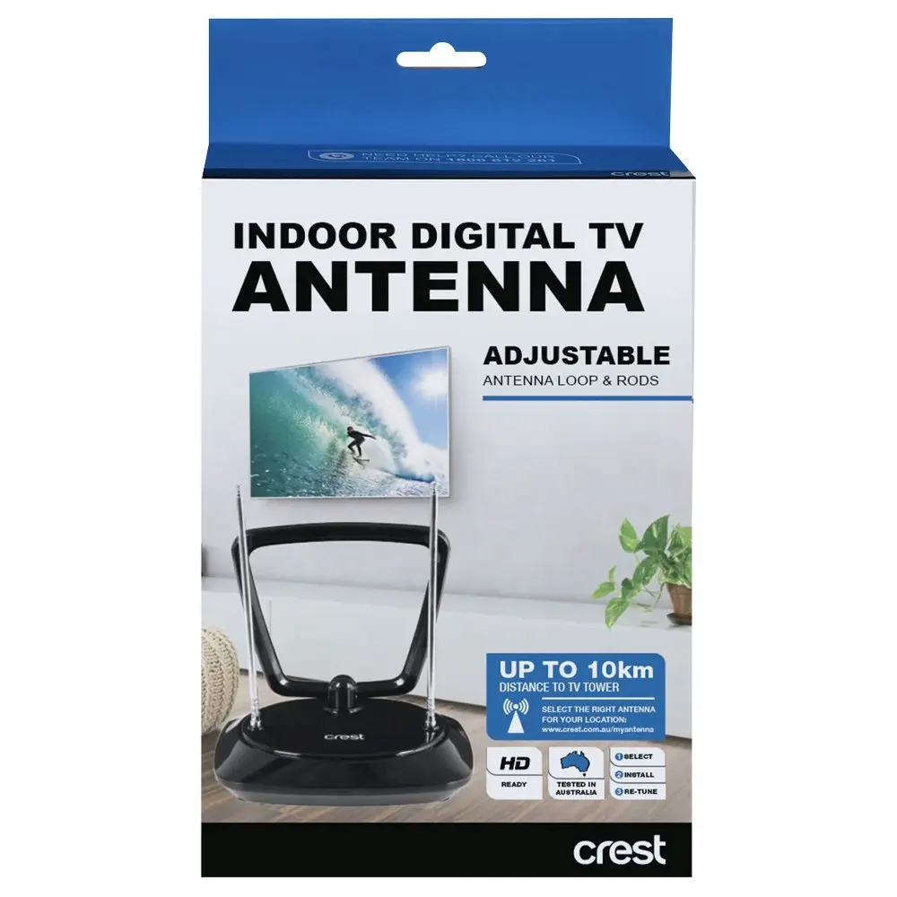 Crest Indoor Digital TV Antenna Passive FHD 1080p & UHD 4Kw/ 10km Range Black