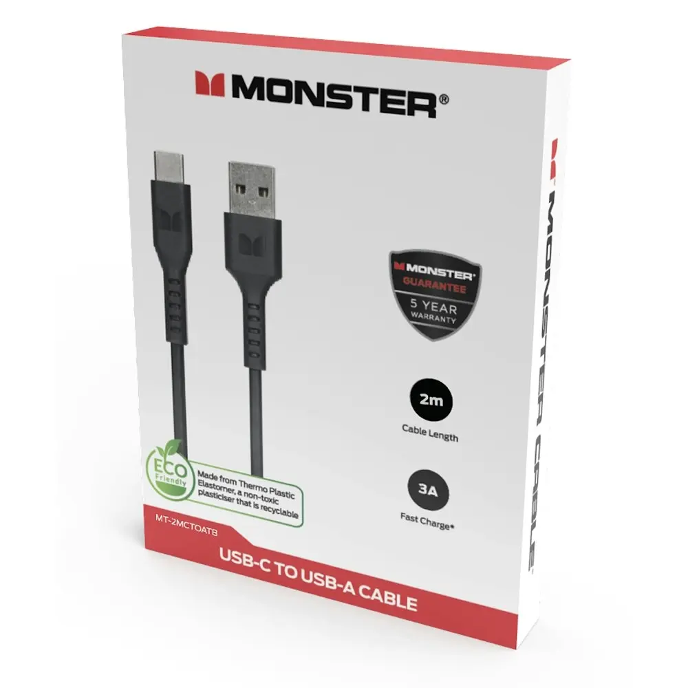 Monster TPE 2M USB-C to USB-A Android Phone Charging/Sync Power/Data Cable Black