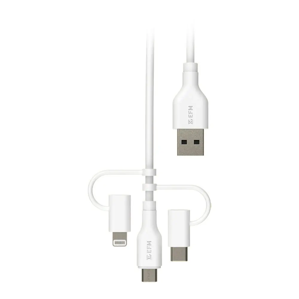 EFM 2m 3-in-1 USB-A to MFI-Certified Lightning/Micro USB/USB-C Cable White