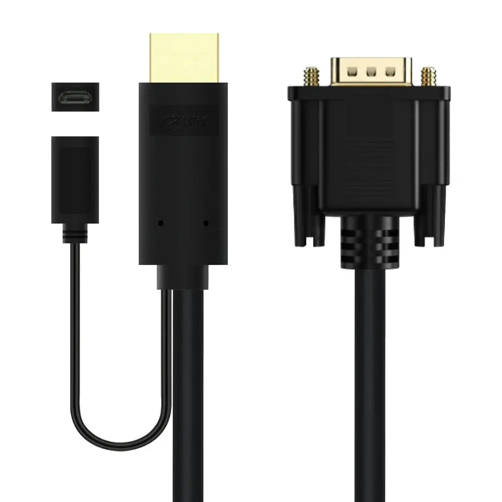 Cruxtec 2m HDMI Male to VGA Male Active Cable with Micro USB Female 1080p Black