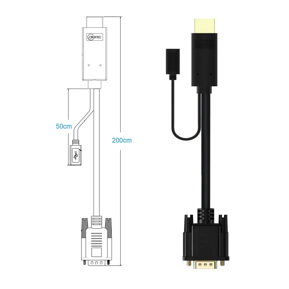 Cruxtec 2m HDMI Male to VGA Male Active Cable with Micro USB Female 1080p Black