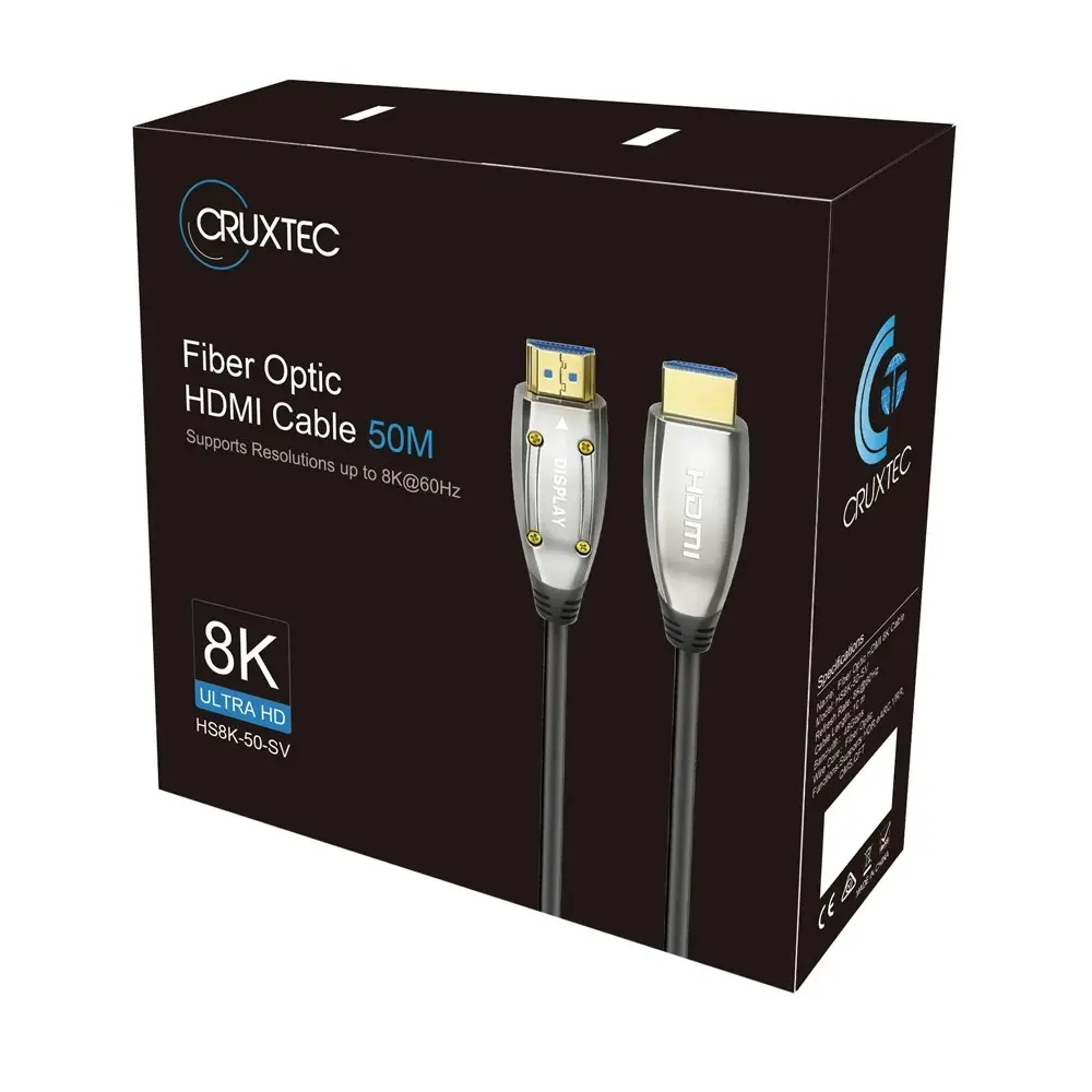 Cruxtec HDMI 2.1 8K Ultra-HD Active Optical Fiber Male Cable 30m 48Gbps Silver