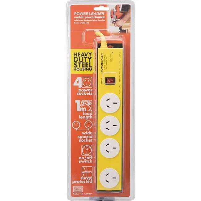 PowerLeader 4-Way Outlet Heavy Duty Powerthrough Powerboard 4 Sockets Yellow